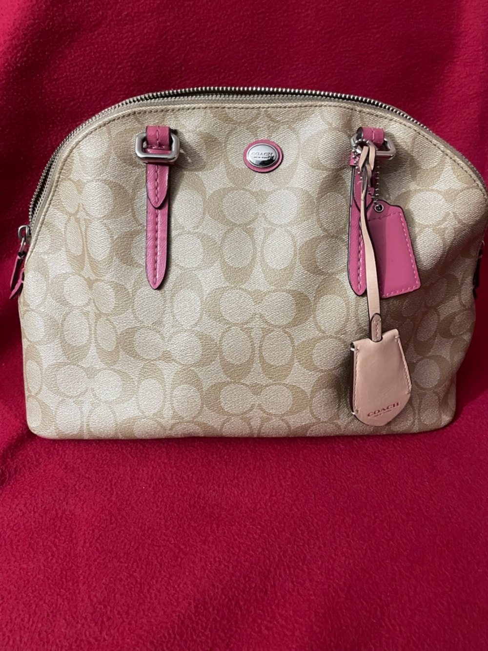 Coach Medium Sierra Coated Canvas Signature C Beige w/Pink Patent Leather Trim